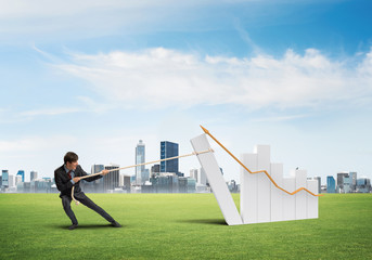 Businessman pulling graph with rope as concept of power and control