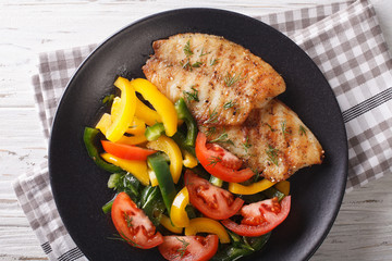 Grilled tilapia fillets and fresh vegetable salad close-up. horizontal top view
