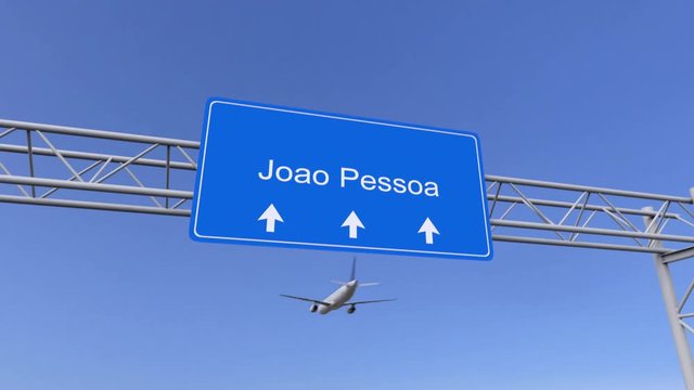 Commercial airplane arriving to Joao Pessoa airport. Travelling to Brazil conceptual 4K animation