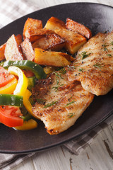 White fish fillet and potato wedges, fresh salad close-up. Vertical