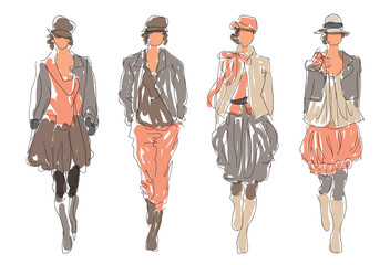 Fototapeta premium Sketch Retro Fashion Women Models 