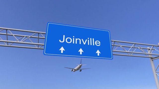 Commercial airplane arriving to Joinville airport. Travelling to Brazil conceptual 4K animation
