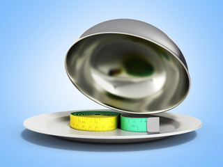 Concepts for a healthy food measure tape in Restaurant cloche with open lid 3d render on blue gradient