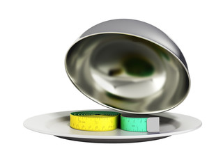 Concepts for a healthy food measure tape in Restaurant cloche with open lid 3d render no shadow