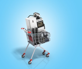 Home appliances in the shopping cart E-commerce or online shopping concept 3d render on blue