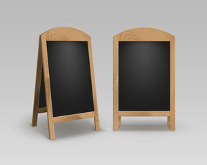 Vector Set of Wooden Empty Blank Advertising Street Sandwich Stands Sidewalk Signs Black Menu Boards Isolated on Background