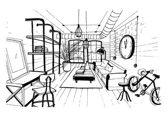 Modern living room interior in loft style. Hand drawn sketch illustration.