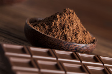 Cocoa pod and chocolate bar and food dessert background