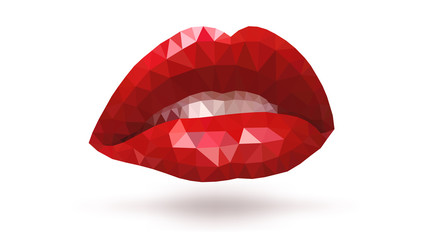 Women seductive scarlet lips made from triangle polygons. Vector abstract bright geometric illustration on white background. Red open mouth with white teeth