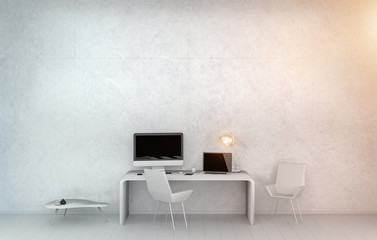 Modern white desk office interior with computer and devices 3D rendering