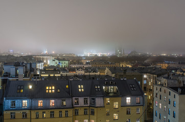 Central Riga from above on a foggy evening