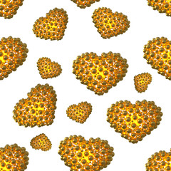 glossy gold hearts made of spheres with reflections isolated on bright background. Happy womans day 3d illustration seamless design pattern