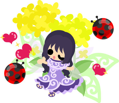 Pretty kissing fairy and beautiful brassica and ladybug
