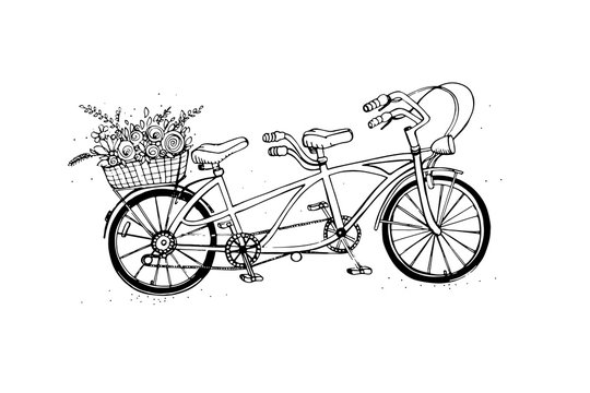 Hand drawn tandem city bicycle with basket of flower. Vintage, retro style. Sketch vector illustration.