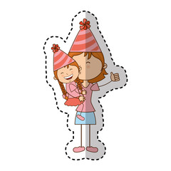 little kid and mom with party hat icon vector illustration design