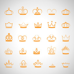 Crown Icons Set-Isolated On Gray.Trendy Flat Style.Collection For Web Site,App And UI.Awards For Winners,Champions,Leadership.Elements For Label,Game, Hotel.Royal King, Queen,Princess Crown.Thin Line
