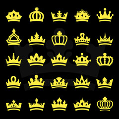 Crown Icons Set-Isolated On Black.Trendy Flat Style.Collection For Web Site,App And UI.Awards For Winners,Champions,Leadership.Elements For Label,Game, Hotel.Royal King, Queen,Princess Crown.Thin Line