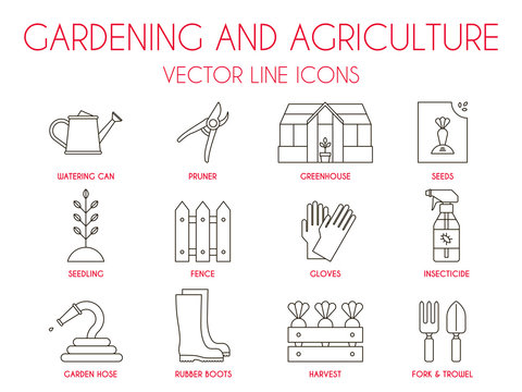 Gardening and agriculture, vector thin line icon set: watering can, pruner, greenhouse, vegetable seeds, seedling, fence, gloves, insecticide spray, garden hose, rubber boots, harvest, fork, trowel.