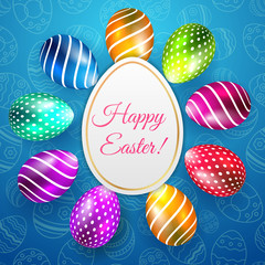 Happy Easter Vector Typography background with place for your text message with colored eggs on blue seamless. White circle border for your ads, web-banner, promotion
