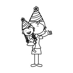 little kid and mom with party hat icon vector illustration design
