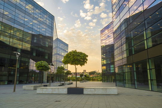 modern complex of office buildings in the evening