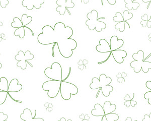 St Patrick's Day background with three leaves clover. Green on white color. The Symbol Of Ireland. The Irish pattern. Vector seamless backdrop