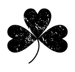 Clover leaf isolated black on white background. Silhouettes of three leaf clover in flat style with abrasion, spots and scratches. The effect of abrasion and distressed.