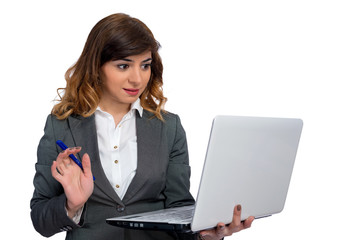 Young businesswoman with laptop, isolated on white