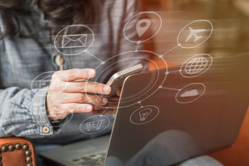 Multichannel online banking payment communication network digital technology internet wireless application development mobile smartphone sync app: Business woman holding smart phone icon flow