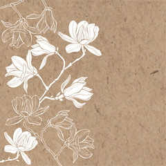 Floral vector background. Branches with flowers of magnolia on kraft paper. Invitation or greeting card. © maritime_m