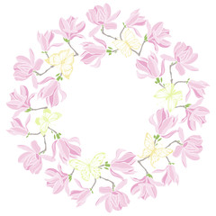 Flower round frame with magnolias and butterflies on a white background. Spring wreath. Vector illustration with space for text.