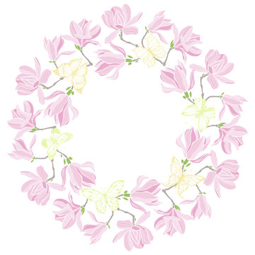 Flower round frame with magnolias and butterflies on a white background. Spring wreath. Vector illustration with space for text.