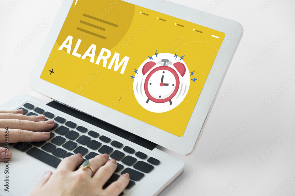 Poster graphic of instrument of time alarm clock beating for wake up
