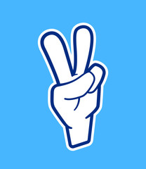 Fototapeta na wymiar Vector sticker with victory or peace hand sign in outline cartoon style. Number two gesture with arm for trendy applique template