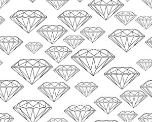 Black silhouettes faceted vector gems on white background Seamless jewelry pattern.