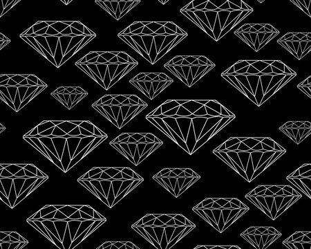 White silhouettes faceted vector gems on black background Seamless jewelry pattern.