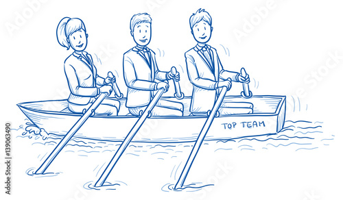 Happy Business Team Men And Women Rowing A Boat Together Concept Of Good Teamwork Hand Drawn Line Art Cartoon Vector Illustration Wall Mural Danielabarreto