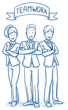 Happy business team, men and women, looking confident, concept of good teamwork. Hand drawn line art cartoon vector illustration.