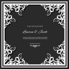 Wedding invitation card template with laser cutting frame. Square filigree cutout envelope design. Blsck and white colors.