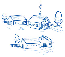 Set of two farm buildings, country houses, real estates. Hand drawn cartoon vector illustration. © danielabarreto