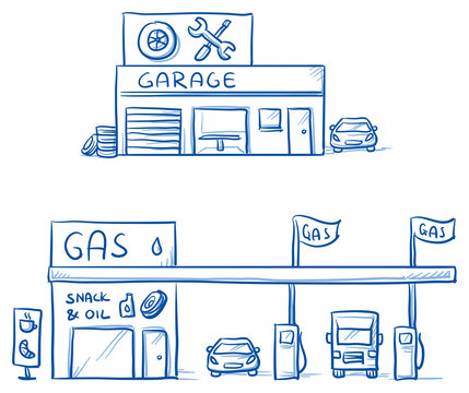 Set of garage, car repair shop and gas station, service station. Hand drawn cartoon vector illustration.