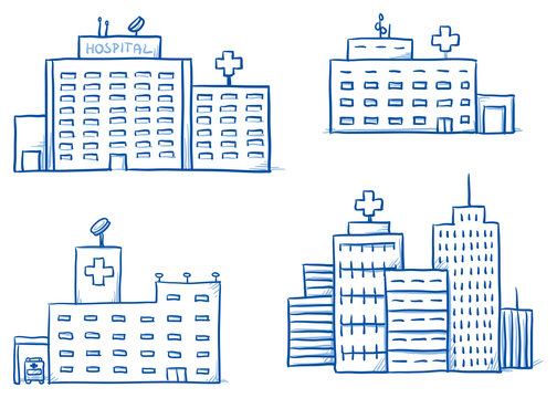 Set of different hospital buildings, medical center. Hand drawn cartoon vector illustration.
