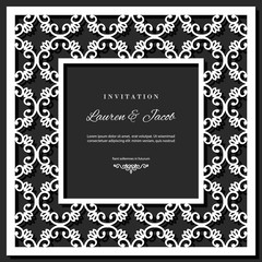 Wedding invitation card template with laser cutting frame. Square filigree cutout envelope design. Blsck and white colors.