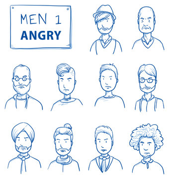 Collection of angry men. Set of various dissatisfied, enraged men in business and casual clothes, mixed age expressing unhappy, negative emotions. Hand drawn line art cartoon vector illustration.