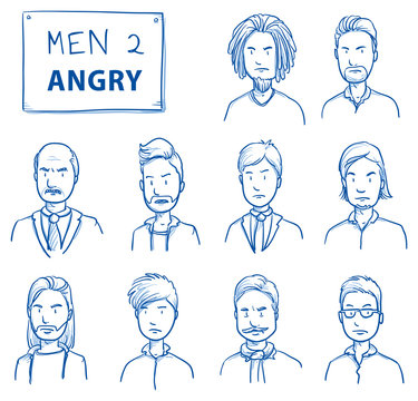 Collection of angry men. Set of various dissatisfied, enraged men in business and casual clothes, mixed age expressing unhappy, negative emotions. Hand drawn line art cartoon vector illustration.
