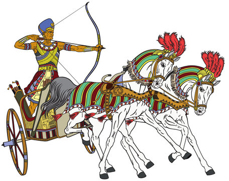 ancient Egypt two-wheeled chariot pulled by two horses carrying a warrior Pharaoh armed with bow