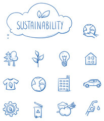 Icon set ecology, sustainability, with various objects, house, food, clothing, gear, car, lightbulb, plant, trees, gas, globe. Hand drawn line art cartoon vector illustration.