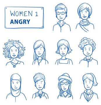 Collection of angry women. Set of various dissatisfied, enraged women in business and casual clothes, mixed age expressing unhappy, negative emotions. Hand drawn line art cartoon vector illustration.