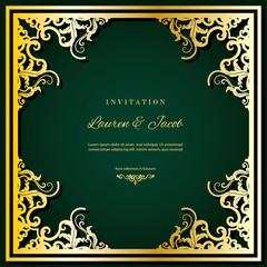 Wedding invitation card template with laser cutting frame. Square filigree cutout envelope design. Gold luxury decor.