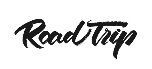 Vector illustration. Vintage grunge Hand drawn lettering of Road Trip on white background.